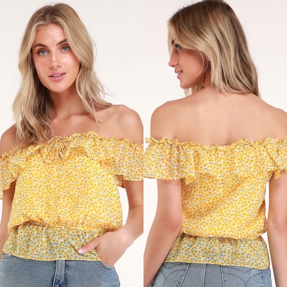 Lulus | Lawton Yellow Floral Print Off-the-Shoulder Top - Picture 1 of 7